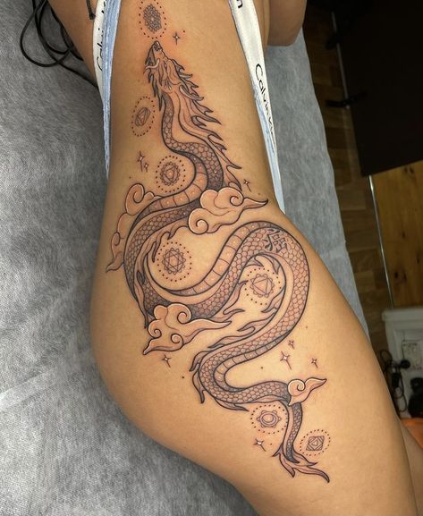 Dragon Tattoo Hip, Dragon Tattoo Leg, Dragon Thigh Tattoo, Upper Thigh Tattoos, Side Thigh Tattoos, Dragons Tattoo, Hip Thigh Tattoos, Dragon Tattoo For Women, Hip Tattoos Women