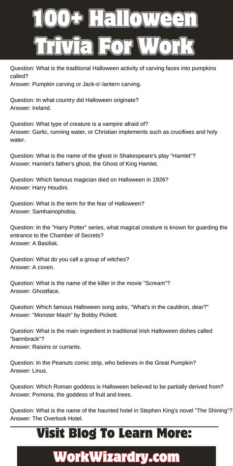 100+ Halloween Trivia Questions For Work coworkers, Employees, Team [2024] 1 The Office Halloween, Halloween Trivia Questions, Office Halloween Party, Jeopardy Questions, Halloween Trivia, Halloween Bucket List, Halloween Office Party, Office Halloween, Harry Houdini