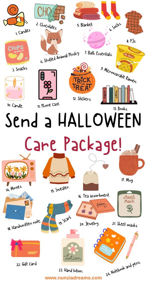 Halloween Care Package Ideas Spooky Care Package, Mailing Packages Ideas, Halloween Scare Package, Boo Bags For Adults, College Halloween Care Package, Autumn Care Package, Halloween Gift Box Care Packages, Adult Halloween Goodie Bags, Halloween Package Ideas