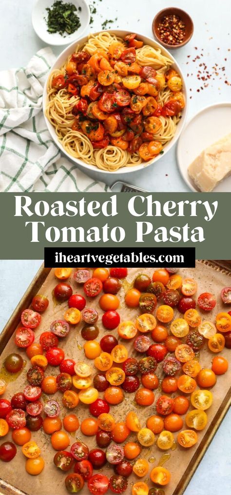 This flavorful roasted cherry tomato pasta is a simple yet delicious dish, bursting with sweet roasted tomatoes, fresh herbs, and garlic! Perfect for a quick weeknight meal. Roasted Cherry Tomato Pasta, Oven Roasted Cherry Tomatoes, Roasted Tomato Pasta, Toasted Baguette, Cherry Tomato Recipes, Italian Chopped Salad, Cherry Tomato Pasta, Sunday Dinner Recipes, Roasted Cherry