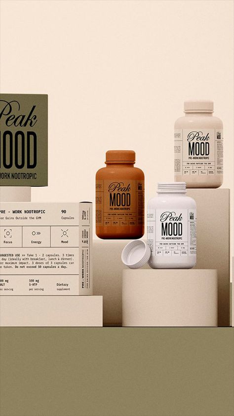 Peak Mood supplement brand and packaging design by Mohammed Badaam- Fivestar Branding Agency Is A Design and Branding Agency. This Work Belongs to The Accredited Artist and Is Curated For Inspiration Only #supplementbranding #supplementpackaging #packagingdesign #packaginginspiration #packagedesign #branding #identity #logodesign #typebasedlogo #typographydesign #typedesign Supplements Advertising Design, Supplements Design, Supplements Aesthetic, Supplement Branding, Dietary Supplements Packaging, Health Products Packaging, Medicine Design, Supplement Packaging, Supplement Bottles