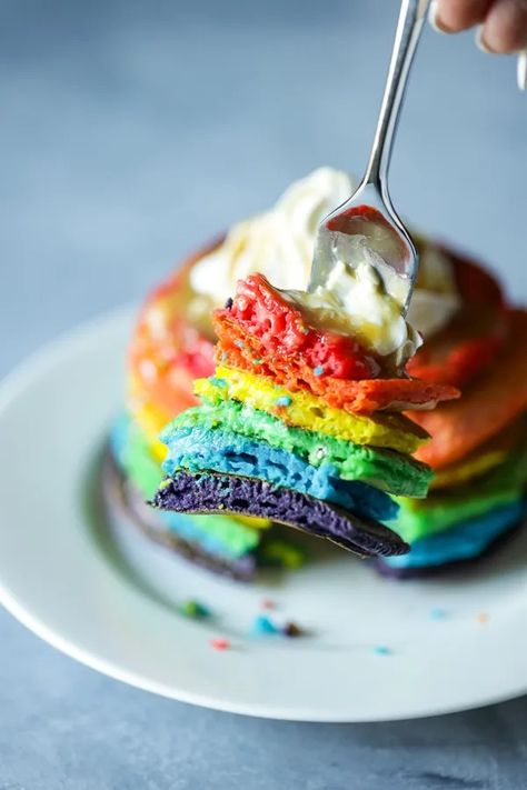 Vegan Rainbow Pride Pancakes | Carrots & Flowers Rainbow Pancakes, Whipped Coconut Cream, Carrot Flowers, Pancakes Ingredients, Salted Caramel Sauce, Coconut Whipped Cream, Food Dye, Pancake Batter, 30 Minute Meals