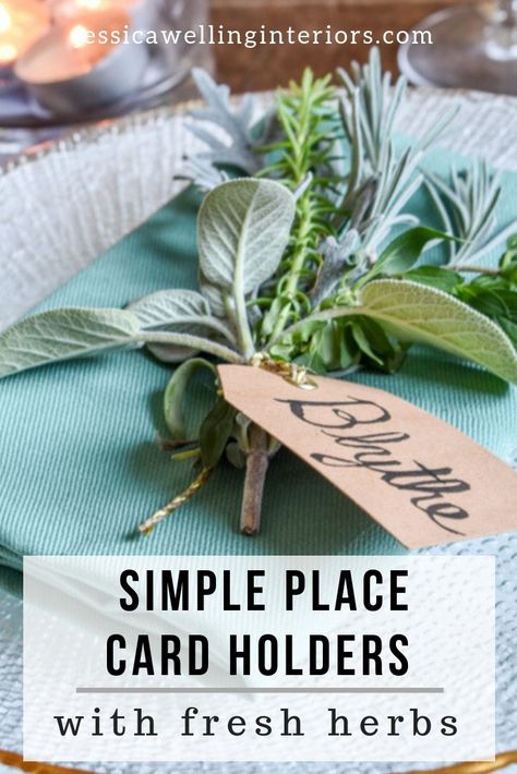 photo of holiday place setting with simple place card holder and fresh herbs Mum Hacks, Pretty Tablescapes, Holiday Place Settings, Plant Clips, Place Card Holder, Tablescape Ideas, Party Names, Hosting Thanksgiving, Holiday Table Settings