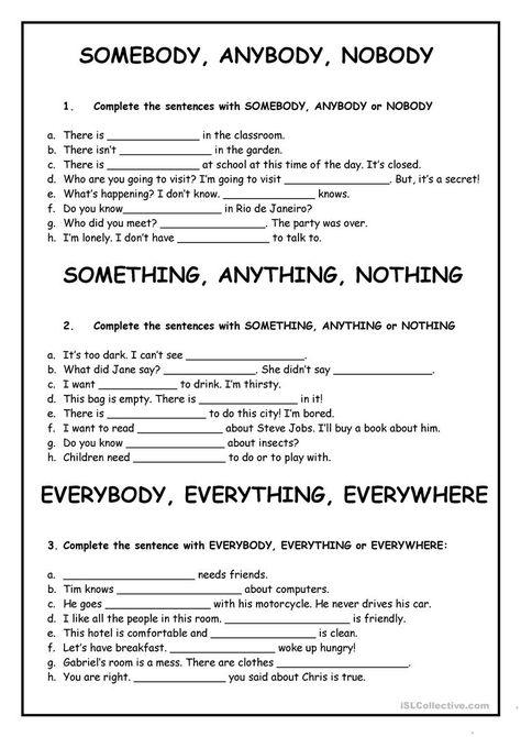 SOMEBODY, ANYBODY, NOBODY, SOMETHING, ANYTHING, ETC - English ESL Worksheets for distance learning and physical classrooms English Grammar Test, English Grammar Exercises, English Teaching Materials, Grammar Exercises, Teaching English Grammar, English Exercises, English Grammar Worksheets, Learn English Grammar, English Language Teaching