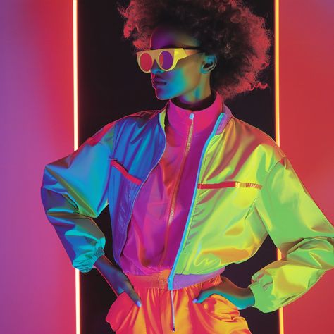 Neon Fever: Embracing the Bold and the Bright in 80s Fashion Modern 80s Aesthetic, 80s Aesthetic Neon, 90s Neon Outfits, Neon Outfits Aesthetic, 80s Neon Fashion, Neon Fashion Outfit, 80s Neon Outfit, Scifi Fashion, Miami Neon