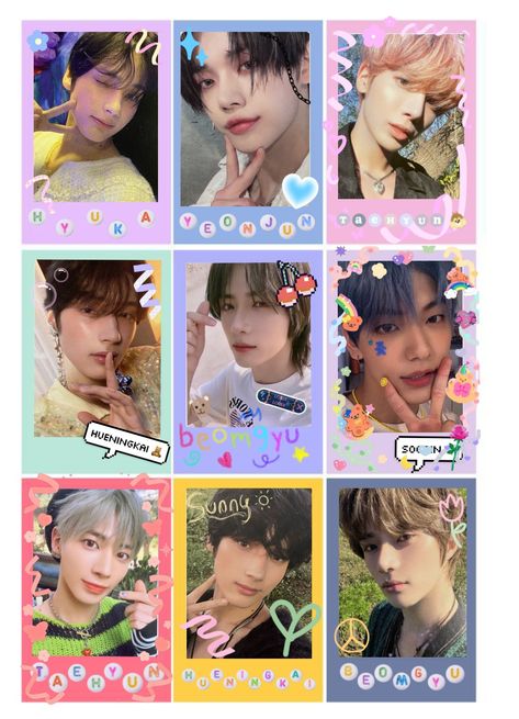 Txt Freebies Printable, Txt Polaroid Printable, Txt Photocards Printable, Txt Purikura, Kpop Polaroid Printable, Txt Printables, Cute Photocards, Txt Stickers, Kpop Freebies