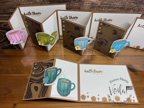 How To Make A Z Fold Card With A Flip - Frenchie Stamps Coffee Cards Handmade, Coffee Themed Cards, Tea Cup Card, Fancy Fold Card Tutorials, Coffee Cards, Coffee Theme, Coffee Crafts, Fold Cards, Card Making Tutorials