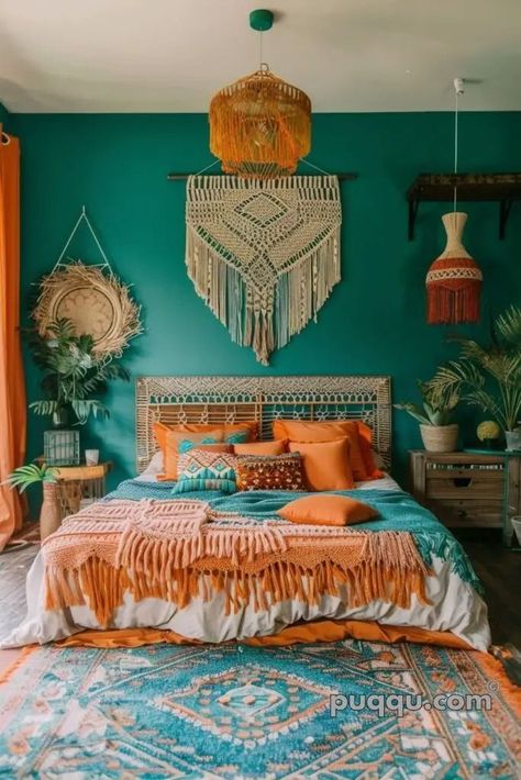 Teal Color Palette Bedroom, Orange And Teal Bedroom, Art Painted Furniture, Japandi Boho, Colorful Boho Home, Cottage Beach House, Butterfly Garden Design, Camper Interior Design, Boho Bedroom Design