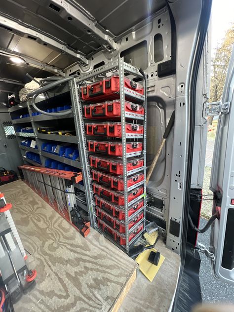 Plumbing Van Setup, Plumbing Van Organization, Plumbing Truck Organization, Milwaukee Packout Ideas Van, Van Shelves, Van Fitout, Work Truck Organization, Work Truck Storage, Van Organization