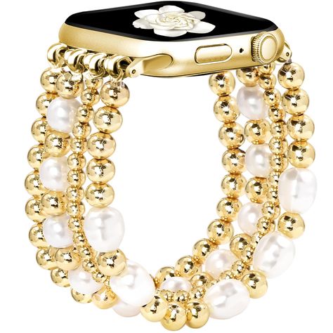 PRICES MAY VARY. Stylish Beaded Bracelet：JR.DM beaded apple watch bands are made of exquisitely crafted pearls and 14K real gold plating beads, which are not easy to fade and can keep luster for a long time. It can decorate your iPhone watch to be jewelry, more delicate and bling than a normal watch Easy Installation：The stainless steel adaptors at both ends of the fancy apple watch band can be accurately and securely locked on your watch, easy to install and remove. You can just put it on and o Apple Watch Bands Jewelry, Apple Watch Charm Bracelet, Beaded Apple Watch Bands, Apple Watch Bands Gold, Iphone Watch Bands, Cute Apple Watch Bands, Apple Watch Bands Fashion, Jewellery Business, Apple Band