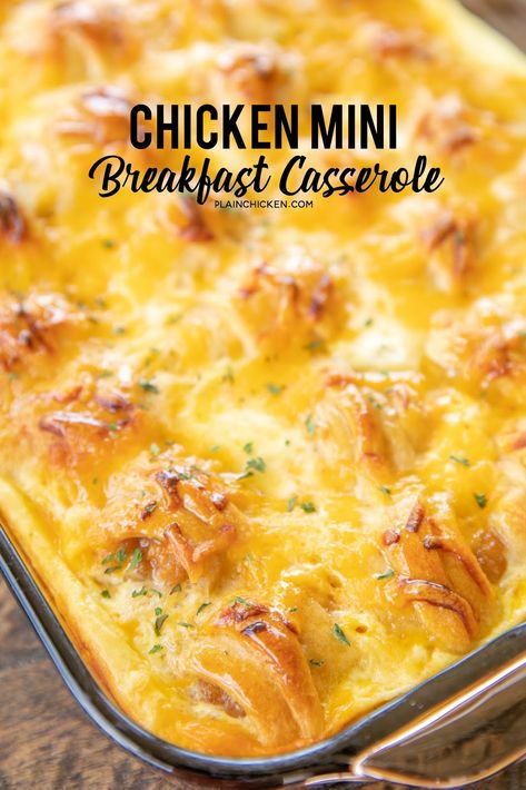 Chicken Mini Breakfast Casserole - inspired by our love of Chick-Fil-A's chicken minis. Frozen popcorn chicken, crescent rolls, eggs, milk, cheddar cheese and honey. We made this twice in one week. SO good! All you need is a side of fruit and/or yogurt and you are set! Great for breakfast, lunch or dinner! #chicken #breakfast #chickfia #casserole Crescent Breakfast Casserole, Mini Breakfast Casserole, Chicken Breakfast Recipes, Crescent Breakfast, Cracked Out, Easy Breakfast Casserole Recipes, Mini Breakfast, Best Breakfast Casserole, Chicken Minis