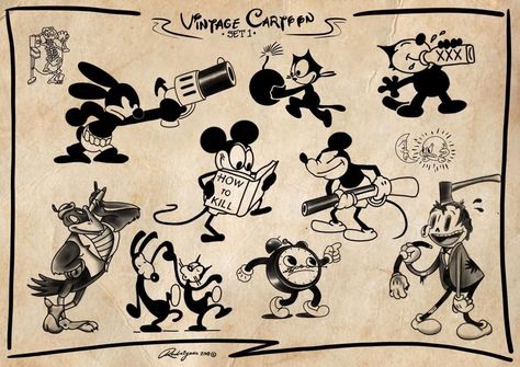 1930s Cartoons Tattoo, Mickey Traditional Tattoo, Old Mickey Mouse Tattoo, Felix The Cat Tattoo Traditional, Mickey Mouse Flash Tattoo, Mickey Mouse Traditional Tattoo, Vintage Mickey Mouse Tattoo, Vintage Mickey Tattoo, Felix Cat Tattoo