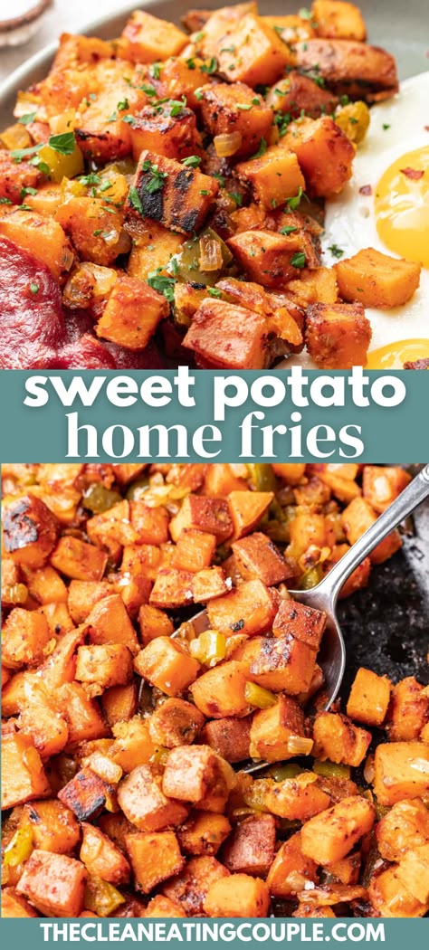 Sweet Potato Chunks Recipes, Sweet Potato Hashbrowns Easy, Sweet Potato Stir Fry Recipes, Fried Sweet Potatoes Skillet, Fajita Sweet Potato, Home Fries Breakfast, Sweet Potato Scramble, Chilli Bar, Sweet Potato Hashbrowns