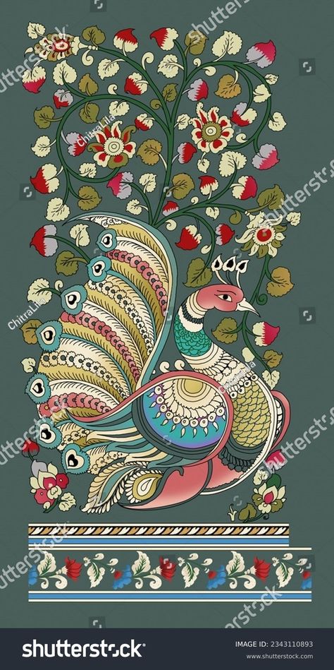 Indian Kalamkari Style Peacock Design Digital Stock Illustration 2343110893 | Shutterstock Flower Design Vector, Contemporary Botanical Art, 3d Butterfly Wall Art, Peacock Drawing, Kalamkari Fabric, Saree Painting Designs, Kalamkari Designs, Gond Painting, Indian Illustration