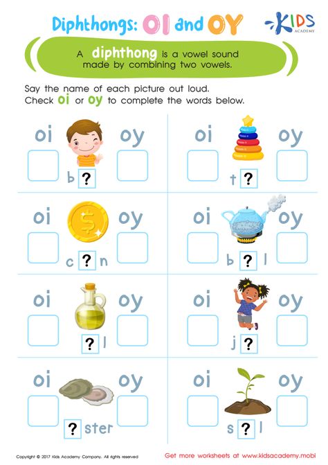 Review tricky spellings and increase your child’s reading and spelling skills using this vowel diphthongs oi oy worksheet! Dipthongs Worksheets, Oy Worksheets, Reading Simplified, Phonics Rhymes, Vowel Diphthongs, Oi Oy, Apple Classroom, Rhyming Worksheet, Structured Literacy