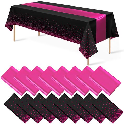 PRICES MAY VARY. What you will get: the package includes 8 pcs black and hot pink confetti dot plastic tablecloth and 8 pcs hot pink satin table runner, specific color as the picture shown, nice combination for you to use in daily life or important occasions enhancing the atmosphere for your event. Classic design: the black hot pink rectangle table cloth is designed with the black colors background and printed with hot pink foil polka dot,the table runner is made of satin, silky and smooth, thic Black And Pink Table Setting, Pink Black And Gold Party Decorations, Black And Pink Party Theme, Pink Black White Party, Pink And Black Birthday Party Decoration, Pink And Black Party Theme, Black Pink Party, Pink Party Decor, Hot Pink Birthday Party