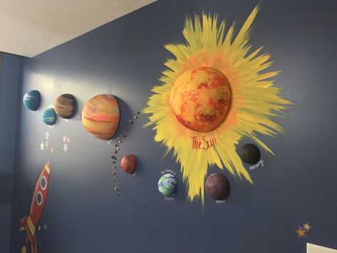 We finally finished our solar system! Yeah! Simple fun science art project. Used regular craft paints and styrofoam half spheres from Hobby Lobby. We used hot glue to attach them to the wall. Painted the sun rays and used sharpie markers for the labels. Easy and awesome!! Decoration On A Budget, Classroom Decoration Ideas, Innovative Teaching Ideas, Space Theme Classroom, Science Art Projects, Science Room, Science Classroom Decorations, Space Classroom, Science Decor