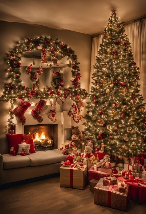 Romantic Christmas Decorations, Cute Christmas Living Room, Christmas Tree Decoration Aesthetic, Christmas Tree With Presents Aesthetic, Warm Christmas Tree Ideas, Presents Aesthetic Christmas, Fancy Christmas Aesthetic, Christmas Classic Decor, Christmas Decor Ideas Classic