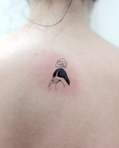 I think too much_small meaningful nape tattoo by @jess.tattoo- small meaningful tattoos Tattoos For People Who Care Too Much, Small Line Art Tattoos Meaningful, Introverted Tattoo Ideas, Over Thinking Tattoos, Tattoo For Insecurity, Interesting Small Tattoos, Tattoos For Quiet People, Tattoos Lonliness Ideas, I Think Too Much Tattoo