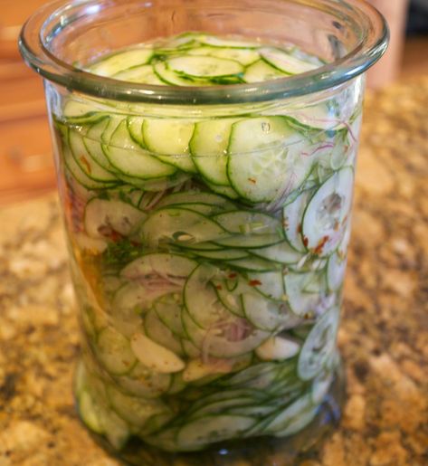 Refrigerator Cucumber Salad Refrigerator Cucumber Salad, Refrigerator Cucumbers, Refrigerator Salads, Garden Preserving, Pickled Cucumber Salad, Vinegar Cucumbers, Fit Foods, Summer Foods, Weekly Meals