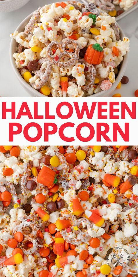 Halloween Popcorn is a chocolate covered popcorn snack with pretzels, sprinkles, and candy corn and pumpkins. Popcorn With Candy, Halloween Popcorn Mix, Candy Popcorn Recipe, Chocolate Covered Pretzels Halloween, Halloween Popcorn Balls, Popcorn Recipes Chocolate, Covered Popcorn, Fall Snack Mixes, Candy Corn Recipe