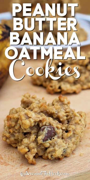 These Peanut Butter Banana Oatmeal Cookies are the best! This simple recipe is made with creamy peanut butter, ripe mashed bananas, rolled oats and chocolate chips for a tasty, hand held treat everyone will love. Serve them for a quick and easy snack, as a dessert or a quick grab and go breakfast. #peanutbutterbananaoatmealcookies #4ingredientcookies #breakfastcookies #aroundthenook Peanut Butter Banana Oatmeal Cookies, Oats And Chocolate Chips, Oats And Chocolate, Peanut Butter Banana Oatmeal, Peanut Butter Banana Cookies, Healthy Banana Recipes, Banana Cookie Recipe, Brownie Vegan, Ripe Banana Recipe