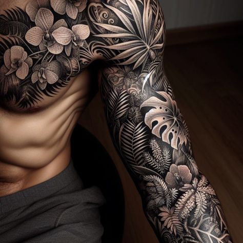 Paradise Sleeve Tattoo, Floral Men’s Sleeve Tattoo, Back Tattoo Cover Up Ideas Men, Sleeve Tattoos Colorful, Plants Tattoo Sleeve, Plants Tattoo Design, Plant Tattoo Men, Fine Line Sleeve Tattoo, Mens Tattoo Sleeve