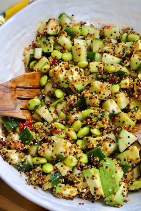 Crispy Quinoa Salad with Cucumber, Avocado, and Edamame - Slice of Jess Crispy Quinoa Salad, Quinoa Cucumber Salad, Aesthetic Recipes, Salad With Cucumber, Ground Chicken Burgers, Quinoa Broccoli, Crispy Quinoa, Edamame Salad, Avocado Quinoa