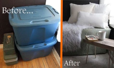 35 Brilliant Ways To Use Plastic Storage Bins. If you live in a small space, turn your unsightly large, plastic storage bins into additional seating. All you need are two large storage bins with lids, a long piece of plywood, some foam batting, and the material you want to cover the seating with. Look here for more info: https://www.apartmenttherapy.com/before-after-convert-storage-b-138501 Plastic Bins Makeover, What To Do With Extra Storage Bins, Diy Dividers For Plastic Bins, Diy Plastic Storage Bin Makeover, Hide Plastic Storage Bins, How To Hide Storage Totes, Upcycle Storage Bins, Decorate Storage Bins, Hiding Storage Bins