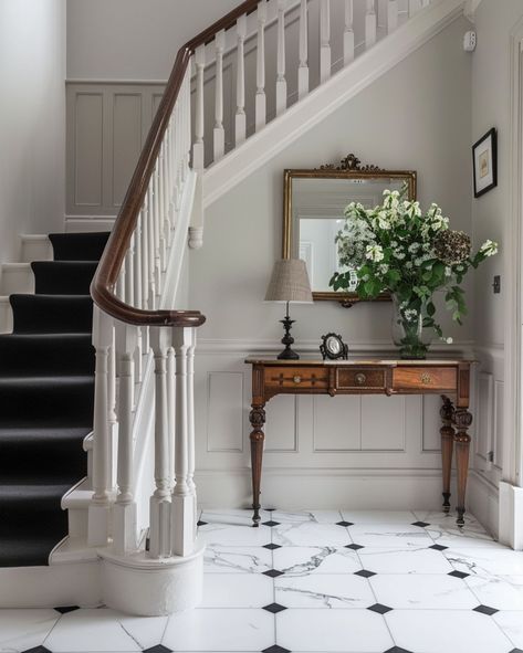 My love for checked flooring continues 🤎 We’ve just ordered our new tiles for our hallway, we’ve gone with black and white marble check tiles which I think will look fabulous with our new anthracite grey double front door! I’ve been absolutely useless sharing it on here, but hopefully I’ll be able to show you all our new hallway soon. Which image is your favourite? I think I’m going towards the brown and white marble tiles in the bathroom, it’s a beautiful contemporary twist. #hallway #ha... Check Tiles, Brown And White Marble, Foyer Flooring, Georgian Interiors, Tiled Hallway, Entryway Inspiration, White Marble Tiles, Wainscoting Panels, Hallway Designs