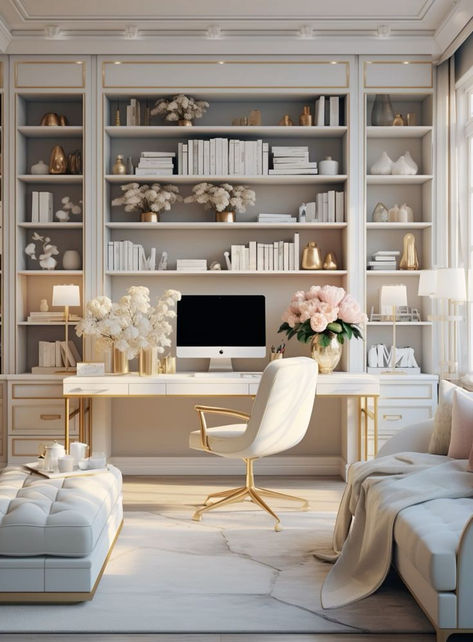 Elegant Home Office, Office Vibes, Feminine Home Offices, Cozy Home Office, Home Office Ideas, Air Bnb, Florida House, Small Home Office, Elegant Home