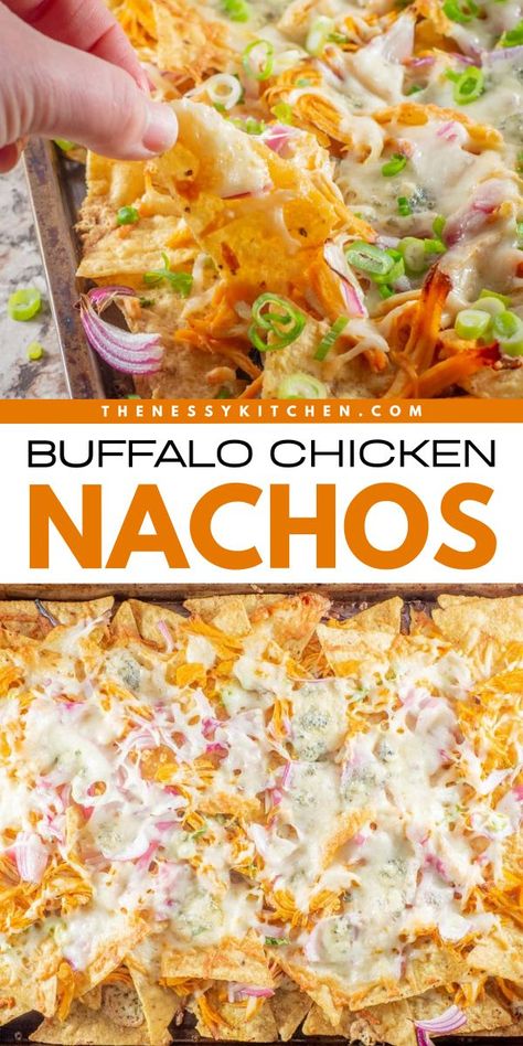 Get ready for these loaded buffalo chicken nachos! They're an easy appetizer for a crowd. With a combo of shredded chicken, and homemade buffalo sauce, these sheet pan nachos are a fun party snack. So, grab some tortilla chips for one of the best game day recipes! Sheet Pan Buffalo Chicken Nachos, The Best Nachos Recipes, Buffalo Chicken Dip Nachos, Game Day Nachos Football Season, Nacho Appetizers For Party, Smoked Chicken Nachos, Gameday Recipes Football Season, Football Nachos, Chicken For Nachos