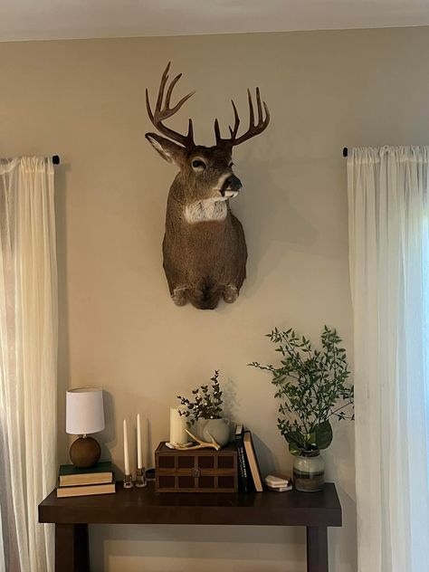 Deer Head Mount Living Room, Deer Head In Living Room, Deer Head Above Fireplace, Wall Decor With Deer Mount, How To Decorate With Deer Mounts, Hunting Living Room Ideas, Deer Mount Wall Arrangement Living Room, Living Room Deer Mount Decor, Mounts In Living Room Animal