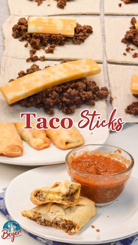 Taco sticks are made by wrapping taco meat and a colby-jack cheese stick in pizza dough then baking for 10 minutes for an easy weeknight meal recipe. Taco With Pizza Dough, Taco Braid Pizza Dough, Taco Sticks With Pizza Dough, Twist On Taco Night, Taco Roll Ups Tortilla Ground Beef, Taco Sticks With Crescent Rolls, Pizza Dough Dinner Ideas, Hand Held Food Ideas, Pizza Taquitos