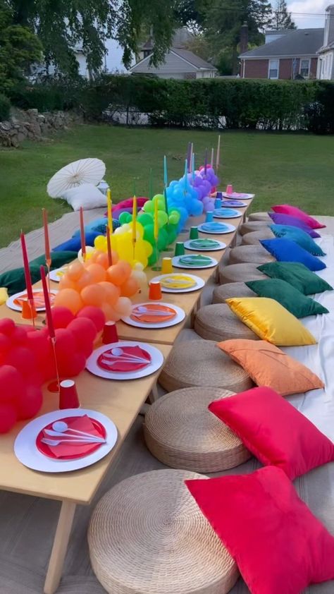 Color Party Table Decor, Cocomelon Picnic Party, Colourful Party Ideas, Colour Birthday Party, Cocomelon Party Table Set Up, Bright Summer Party, Colourful Party Theme, Colors Birthday Party Theme, Cheap Decorating Ideas For Party