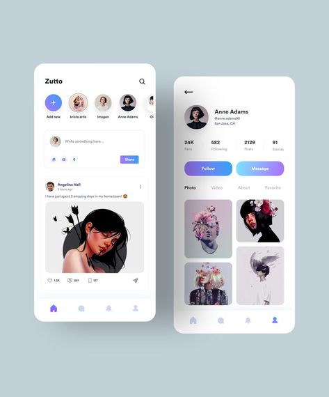 Social Media App Ui, Creative Ui Design, Application Ui Design, Profile App, Social App Design, Ux Design Trends, Ui Design Principles, Food Web Design, Unique Website Design