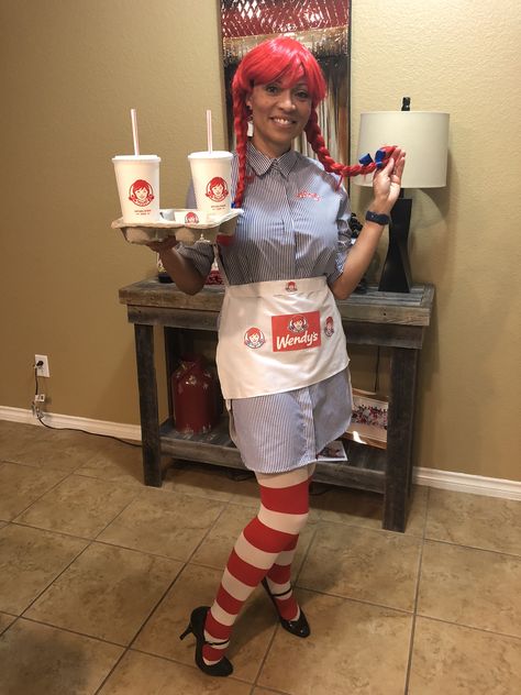 Wendy’s fast food costume Wendy’s Halloween Costume, Wendys Halloween Costumes, Wendy Costume Fast Food, Wendy's Costume Fast Food, Wendy’s Costume, Wendys Costume, Wendy's Costume, Fast Food Costumes, Wendy Halloween Costume