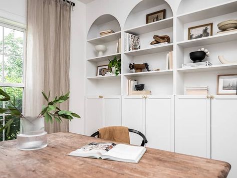 15 Brilliant IKEA BILLY Hacks to Store Books, Dishes, & More | Apartment Therapy Billy Living Room, Living Room Natural Wood, Billy Hack, Ikea Billy Hack, Billy Ikea, Ikea Organization Hacks, Living Room Natural, Home Office Shelves, Ikea Organization