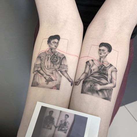 The Two Fridas Tattoo, Frida Kahlo Portrait Tattoo, Two Fridas Tattoo, Frida Kahlo Art Tattoo, Mexico City Tattoo Ideas, Frida Kahlo Tattoo Ideas, Frida Kahlo Tattoo, Kahlo Tattoo, Frida Tattoo