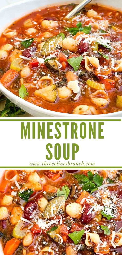 This hearty Minestrone Soup Recipe is a delicious, light, and healthy soup perfect for cold weather. An Italian classic packed with vegetables and beans in a light tomato broth. Vegetarian and vegan. Ministroni Soup Recipe Crockpot, Quick Soup Recipes Vegetarian, Ina Minestrone Soup, Soup Recipes No Meat, Best Minestrone Soup Recipe Italian, White Bean Minestrone Soup, Low Carb Minestrone Soup, Mediterranean Minestrone Soup Recipe, Minestrone Soup Recipe Vegetarian