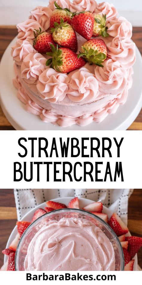 Strawberry frosting made with cream cheese and fresh or frozen strawberries adds a sweet and fruity twist on cakes, cupcakes, cookies, donuts. via @barbarabakes Strawberry Shortcake Icing, White Cake With Strawberry Frosting, Strawberry Icing With Fresh Strawberries, Strawberry Cupcake Frosting, Frozen Strawberry Cake, Easy Strawberry Shortcake Cake, Strawberry Filling For Cake, Homemade Strawberry Frosting, Fresh Strawberry Recipes Desserts