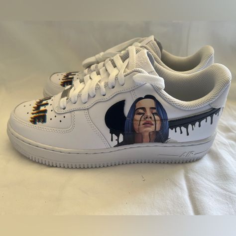 Nike Air Force 1, Men Size 7.5, Nwt In Original Box Custom Made With Billie Eilish Picture With Drips On The Sides And Her Name Dirps On Top. Air Forces Custom, Draw On Shoes, Painted Nikes, Logo Wear, Ck Jeans, Jean Jacket Men, Unique Sneakers, Air Force 1 Custom, Cute Nike Shoes