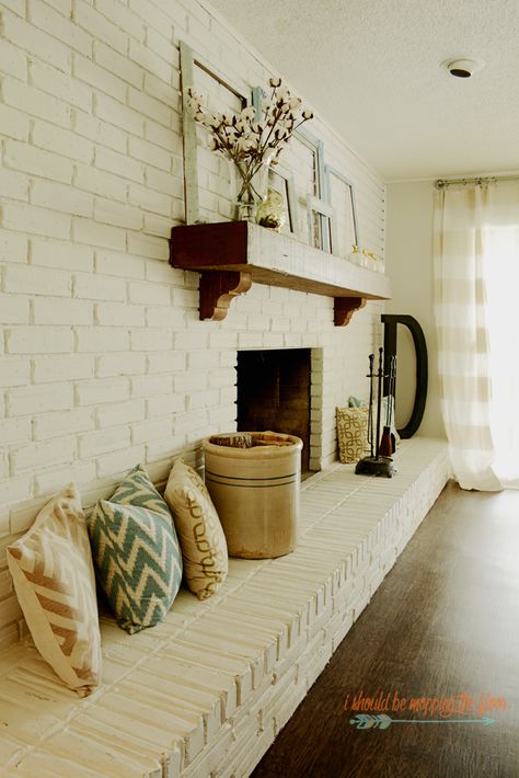 1970s Living Room Makeover | See the transformation of this fun space in a quirky 1970 fixer upper. 1970 House Remodel, 1970 House, 1970s Living Room, Quirky Living Room, Brick Wall Living Room, Brick Fireplace Wall, White Brick Fireplace, Brick Fireplace Makeover, Fireplace Remodel