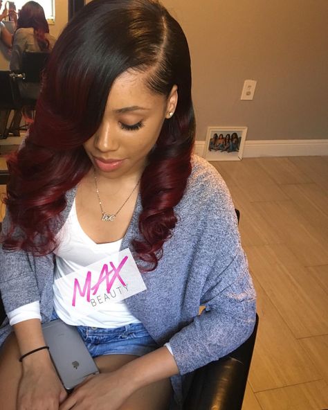 Black cherry  Full sew in with curls using 4 bundles of Brazilian straight purchased and custom color by us  Max Doll : @mayukothedoll African American Layered Hairstyles, Sew In Curls, Sew In Hairstyles, Hair Laid, Prom Hair, Love Hair, Protective Styles, Black Girls Hairstyles, Weave Hairstyles