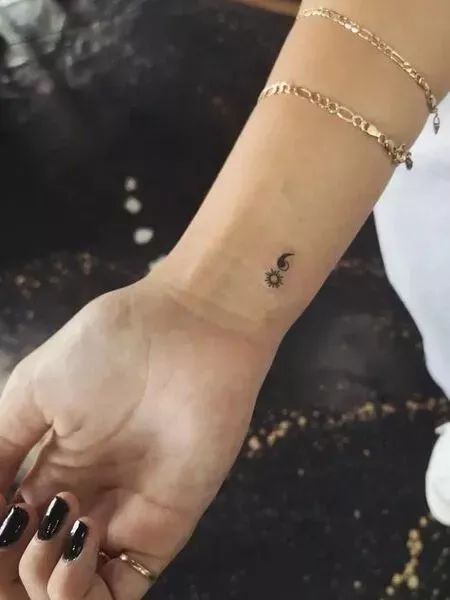 Tattoo Of Semicolon, Sun And Moon Tattoo Semi Colon, Wrist Tattoos For Women Semicolon, Cute Semicolon Tattoos, Finger Tattoos Semicolon, Cute Small Semicolon Tattoo, Small Tattoos Butterfly Semicolon, Semicolon Tattoo Design, Small Semicolon Tattoo Wrist