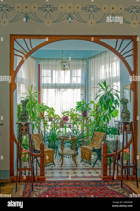 Download this stock image: Living room with winter garden, Art Nouveau, Art Nouveau Museum, Riga, Latvia - 2APXN98 from Alamy's library of millions of high resolution stock photos, illustrations and vectors. Art Nouveau Living Room, Art Nouveau Bedroom, Art Nouveau House, Architecture Art Nouveau, Art Nouveau Interior, Design Art Nouveau, Nouveau Architecture, Art Nouveau Furniture, Art Nouveau Decor