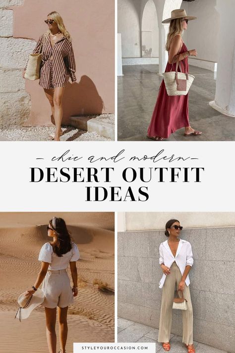 What To Wear In Desert, Dubai Travel Outfit Fashion, Scottsdale Fashion Outfits, Dessert Vacation Outfit, Outfits For Middle East Travel, Desert Resort Outfits, Safari Desert Outfit Women, Dubai Wardrobe Outfit Ideas, Dubai Outfits Ideas January