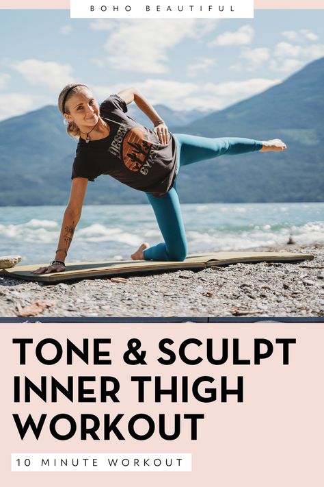 A 10-minute inner thigh workout that is super effective, will strengthen, tone, tighten , and sculpt your legs. As we are focusing on toning the inner thighs and outer thighs, this Boho Beautiful thigh slimming workout is perfect to include into your everyday workout routines. Or can be seen as a quick practice when you are short on time. Boho Beautiful At Home Pilates Workout Inner Thigh Workouts, Boho Beautiful Yoga, Best Inner Thigh Workout, Thigh Workouts, Yoga Sculpt, 12 Minute Workout, Pilates Workouts, Thigh Workout, Lose Thigh Fat