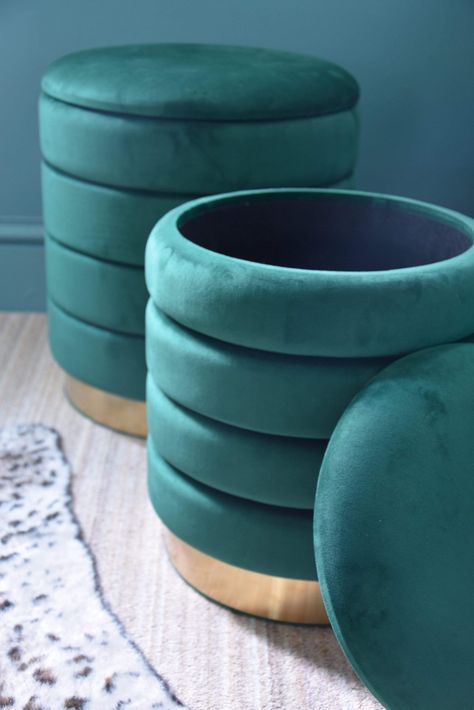 The set of 2 round storage ottomans are the perfect addition to any modern living room or bedroom. Emerald Green in colour with a gold base, this ottoman can be used for storage for books, magazines, toys or anything that you would like to keep out of sight. The ottoman can also be used as an occasional chair or footstool. The ottomans come packaged one inside the other. Large Ottoman - H44 x W40 x D40cm Small Ottoman - H38 x W34 x D34cm Emerald Green Ottoman, Bedroom Emerald Green, Large Storage Ottoman, Green Ottoman, Green Living Room, Art Deco Theme, Storage Ottomans, Small Ottoman, Round Storage Ottoman