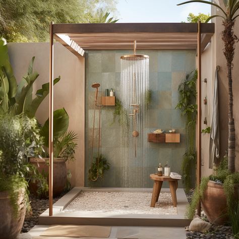 Bali Shower Ideas, Outdoor Shower Bali Style, Palm Springs Room Aesthetic, Tropical House Aesthetic, Boho House Inspiration, Beach House Bedroom Aesthetic, Bali Style Bathroom, Bali House Design Villas, Rainforest Bathroom